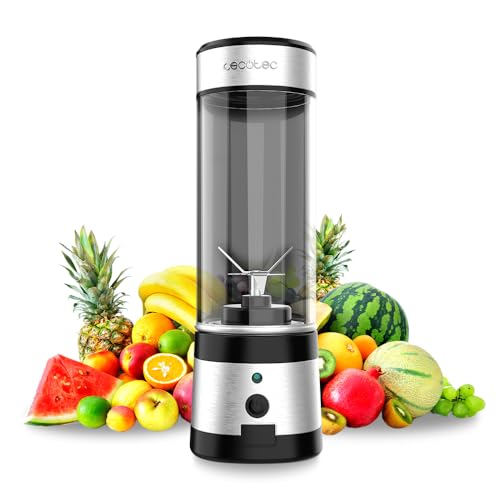 Cecotec Pojedynczy mikser stołowy WanderlustMix USB. 126 W, Kompaktowy, Zawiera 2 szklanki 400 ml, 4 ostrza z powłoką tytanową czarną, autonomia 15 zastosowań