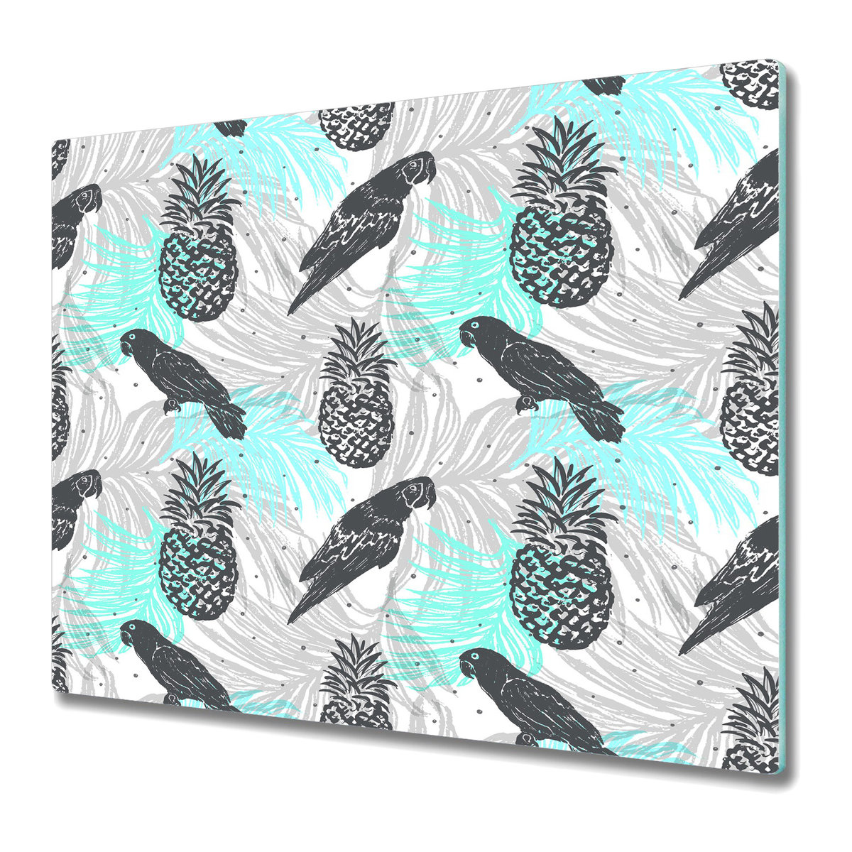 Stylowa Deska Do Krojenia ze Szkła 60x52 cm - Obraz ananasy i papugi