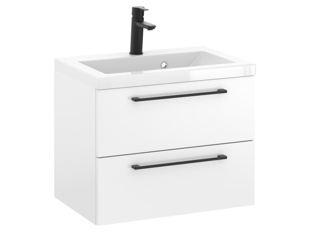 Szafka Wisząca Z Umywalką RON 60 cm - Biały Mat - Uchwyty Czarne Matowe