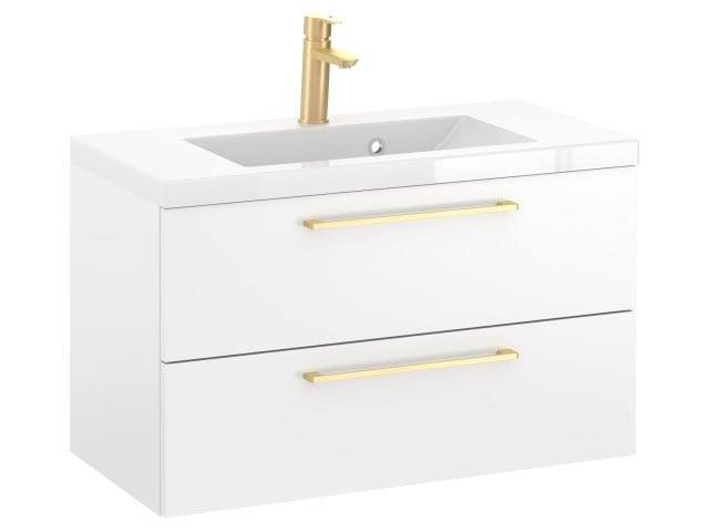 Szafka Wisząca Z Umywalką RON 80 cm - Biały Mat - Uchwyty Złote Szczotkowane