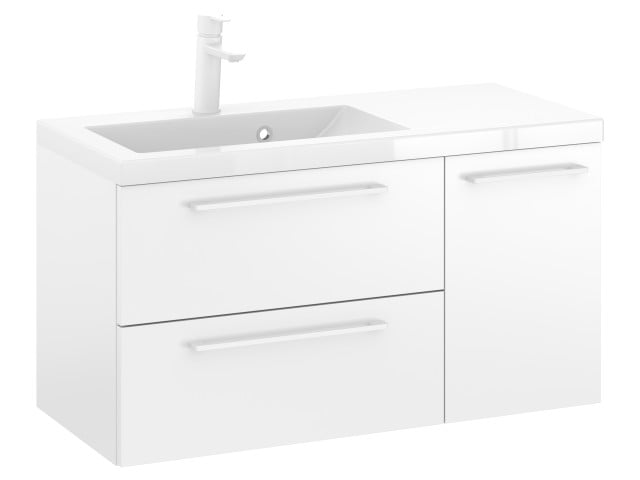 Szafka Wisząca Z Umywalką RON 90 cm D Lewa - Biały Mat - Uchwyty Białe Matowe