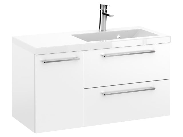 Szafka Wisząca Z Umywalką RON 90 cm D Prawa - Biały Mat - Uchwyty Chromowane