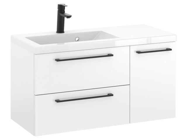 Szafka Wisząca Z Umywalką RON 90 cm D Lewa - Biały Mat - Uchwyty Czarne Matowe