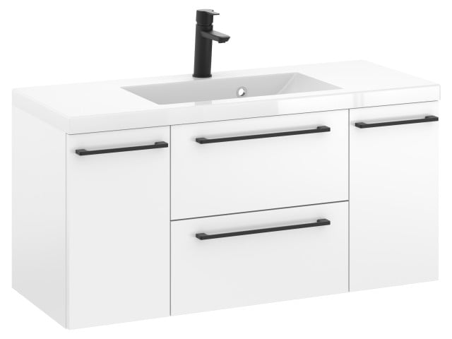Szafka Wisząca Z Umywalką RON 100 cm D - Biały Mat - Uchwyty Czarne Matowe