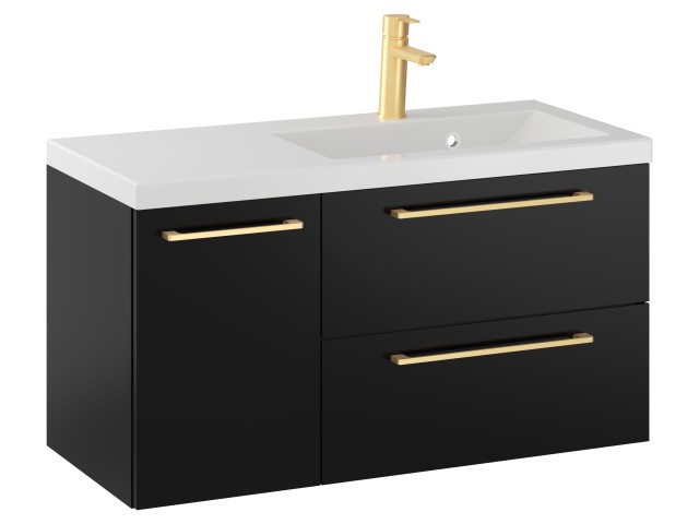 Szafka Wisząca Z Umywalką RON 90 cm D Prawa - Czarny Mat - Uchwyty Złote Szczotkowane