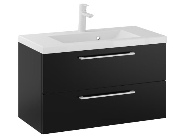 Szafka Wisząca Z Umywalką RON 80 cm - Czarny Mat - Uchwyty Białe Matowe