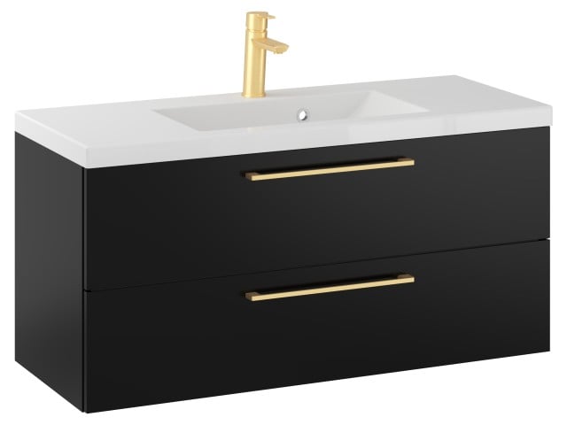 Szafka Wisząca Z Umywalką RON 100 cm - Czarny Mat - Uchwyty Złote Szczotkowane