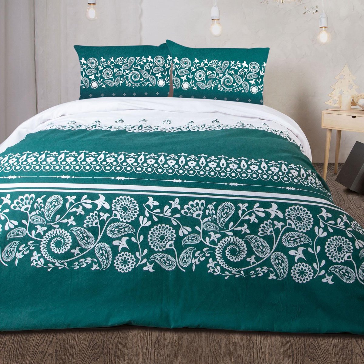 Pościel Flanelowa 140X200 Darymex Biała Szmaragdowa Paisley