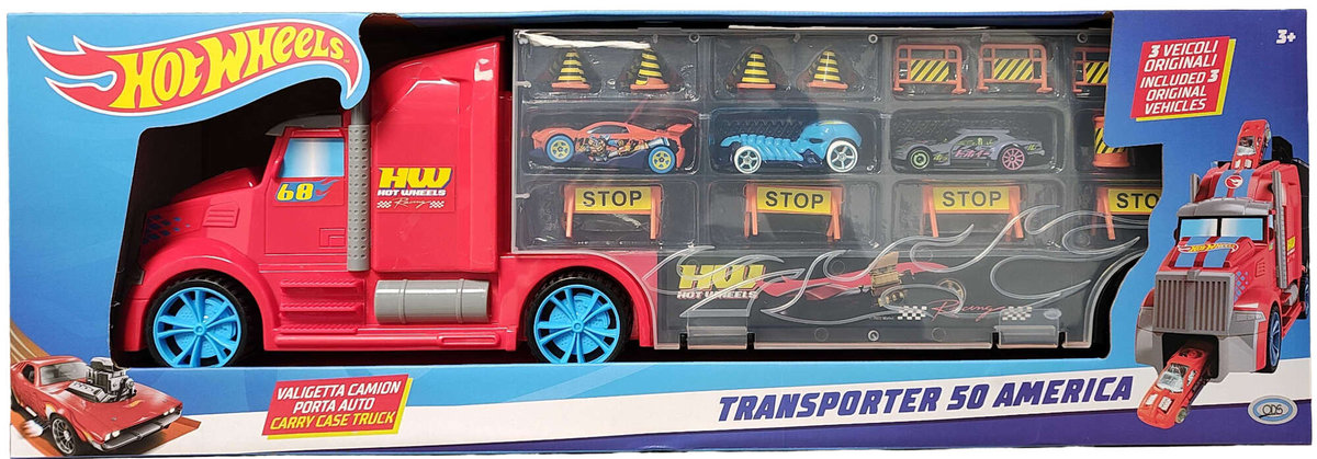 Hot Wheels Transporter z autkami pojazd 50 America + 3 autka i akcesoria drogowe