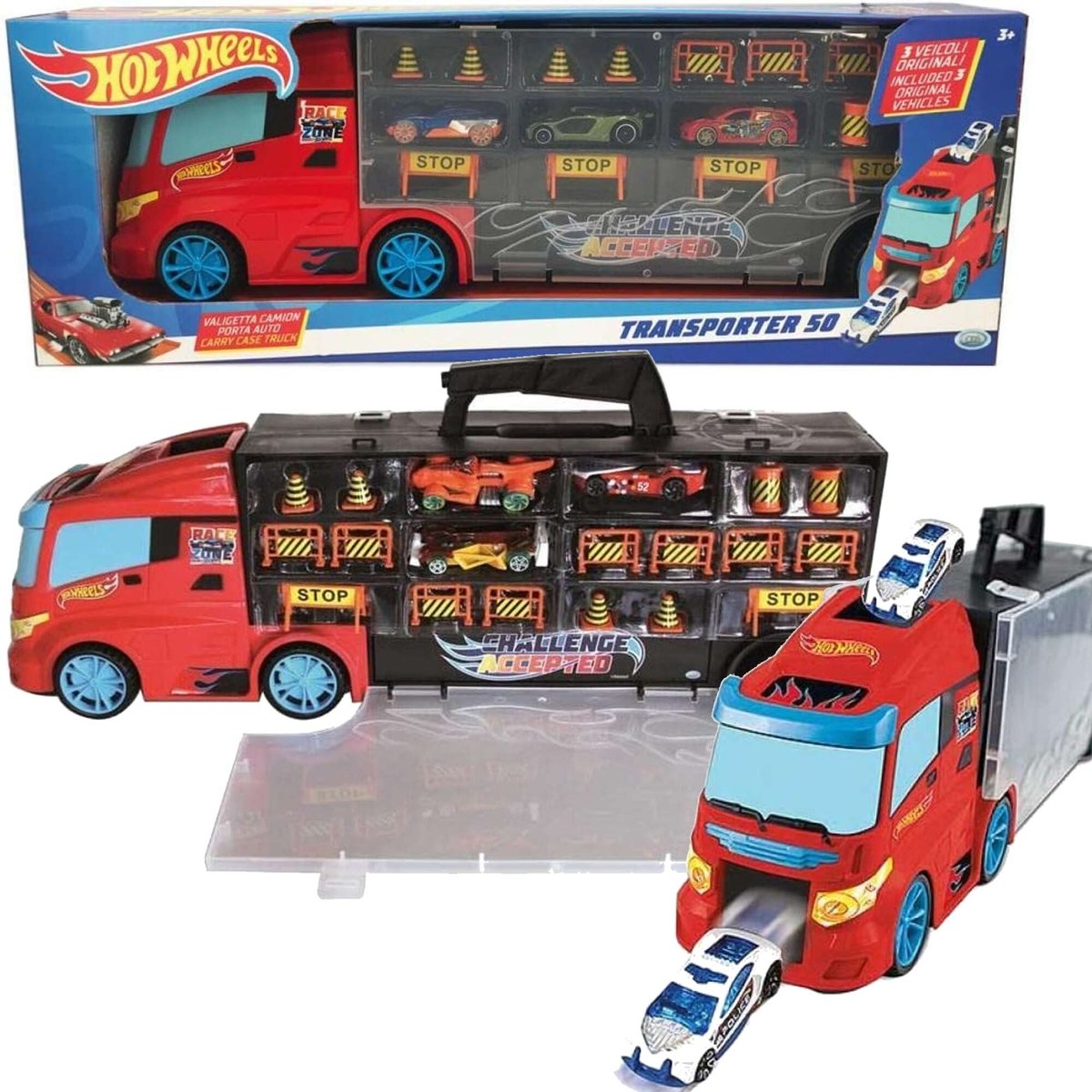 Hot Wheels Transporter autek pojazd + 3 autka i akcesoria drogowe