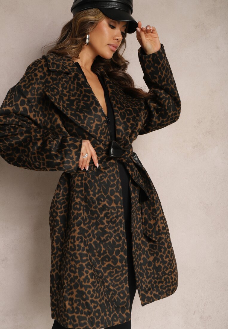 Brązowy Klasyczny Płaszcz Wiązany Paskiem w Talii Aniele