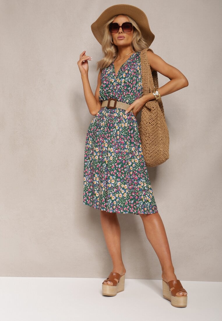 Zielono-Różowa Rozkloszowana Sukienka z Wiskozy Midi w Kwiaty z Kopertową Górą Pervia