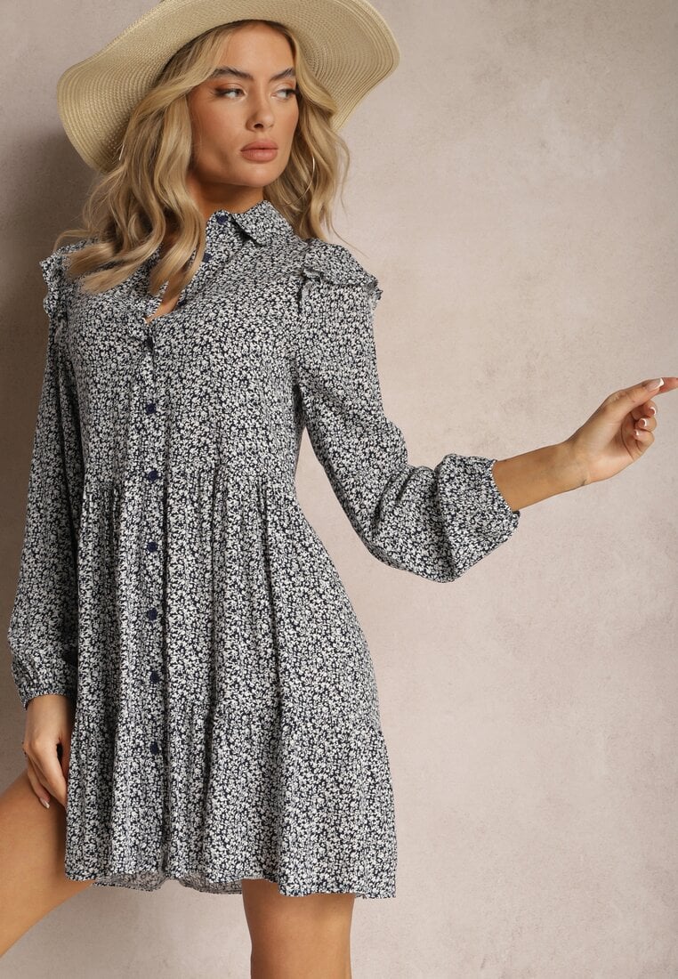 Granatowa Mini Sukienka o Rozkloszowanym Kroju w Kwiaty z Falbankami Limrena