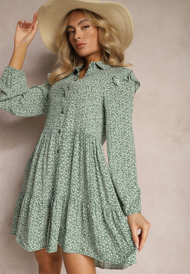 Zielona Mini Sukienka o Rozkloszowanym Kroju w Kwiaty z Falbankami Limrena