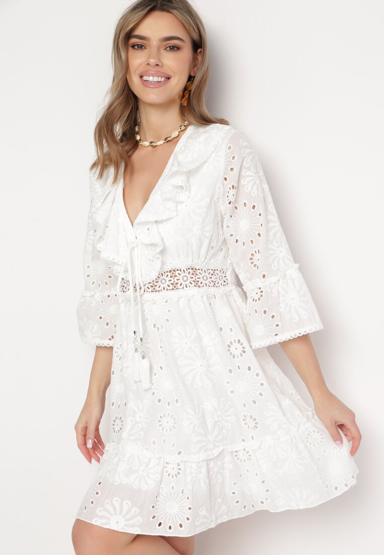 Biała Bawełniana Sukienka Mini z Haftowanej Tkaniny z Koronką Telvia