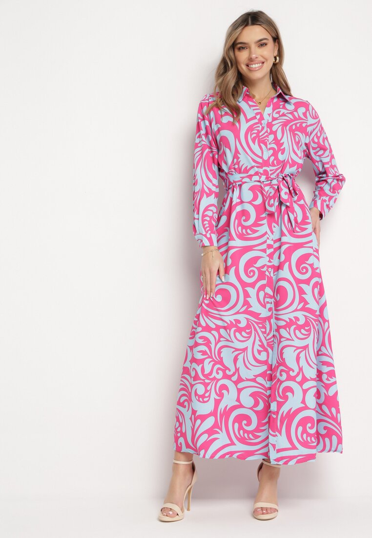 Fuksjowa Koszulowa Sukienka Maxi z Materiałowym Paskiem w Abstrakcyjne Wzory Terins