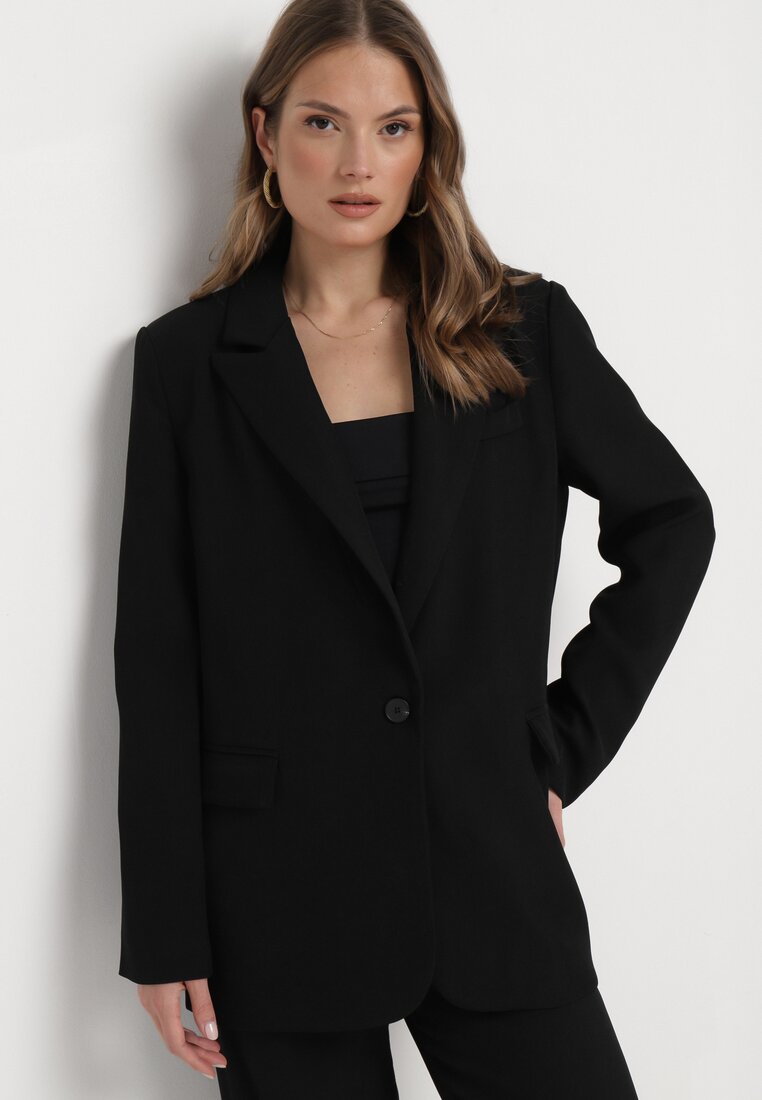 Czarna Pudełkowa Marynarka z Kieszeniami z Klapami i Guzikiem Marviana