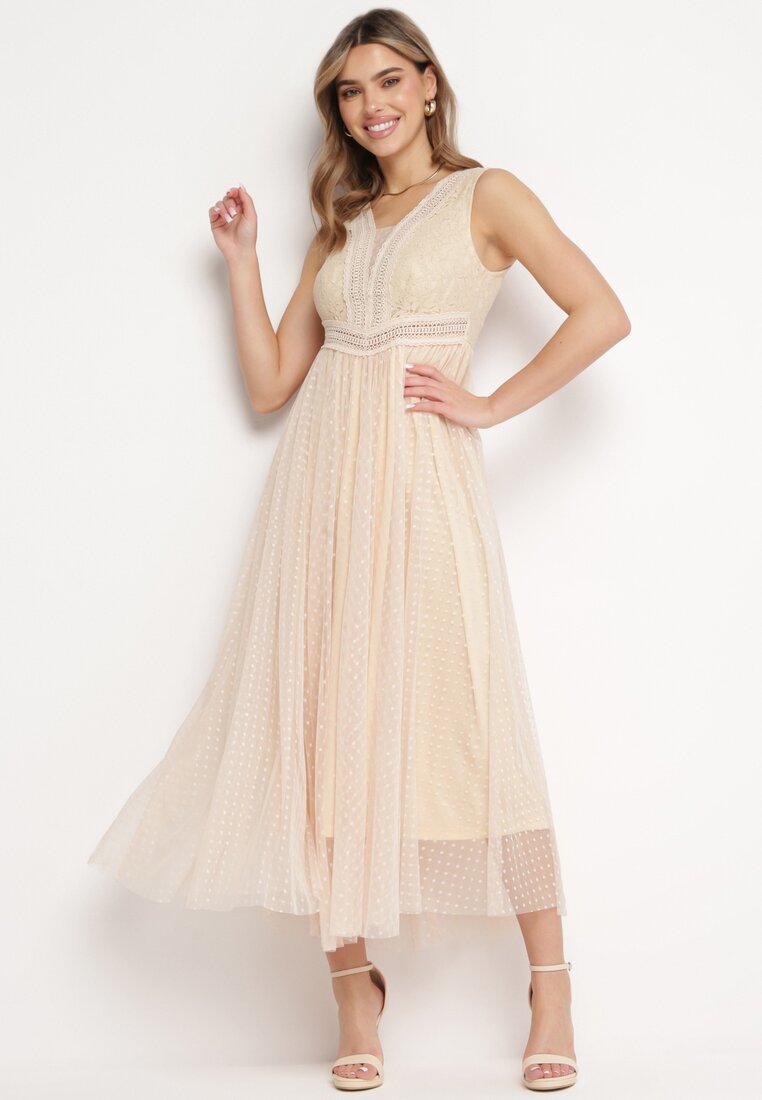 Beżowa Rozkloszowana Sukienka Maxi z Koronkową Górą i Tiulowym Dołem Gelivia