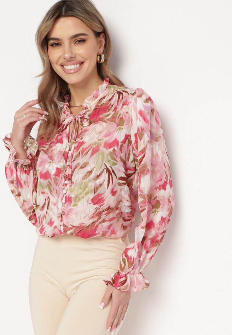 Różowa Kwiatowa Koszula ze Stójką z Wiązaniem i Ściągaczami Rystina