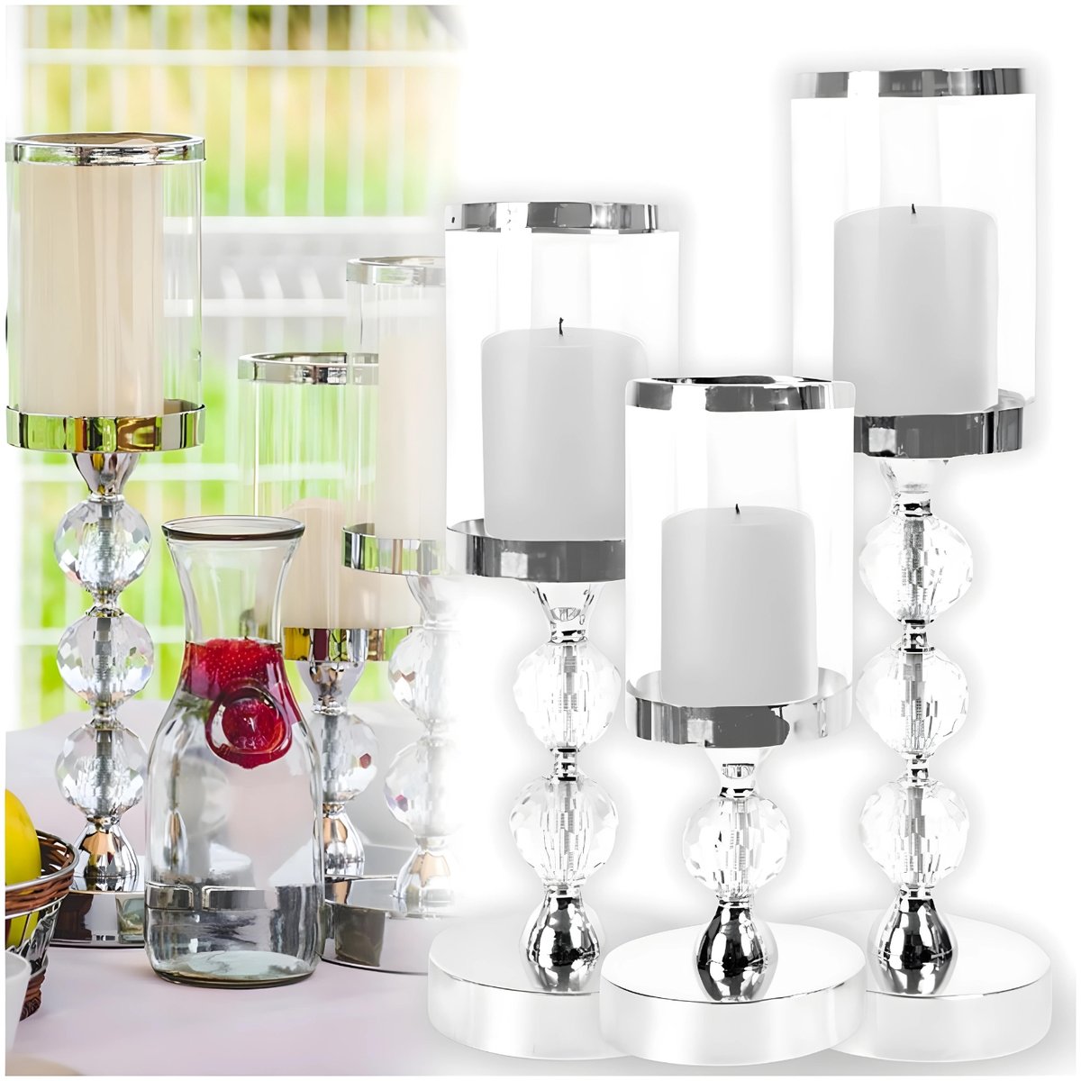 ZESTAW ŚWIECZNIKÓW NA STÓŁ SREBRNE GLAMOUR NOWOCZESNE