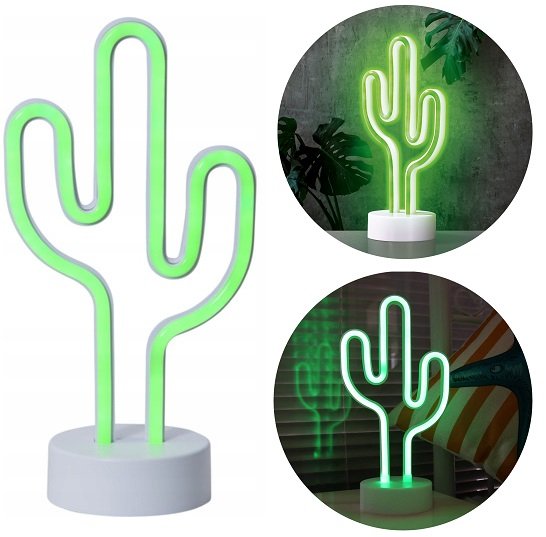 LAMPKA NOCNA NEON-OWA KAKTUS LED USB 30x10 CM Z PODSTAWKĄ NA BATERIE