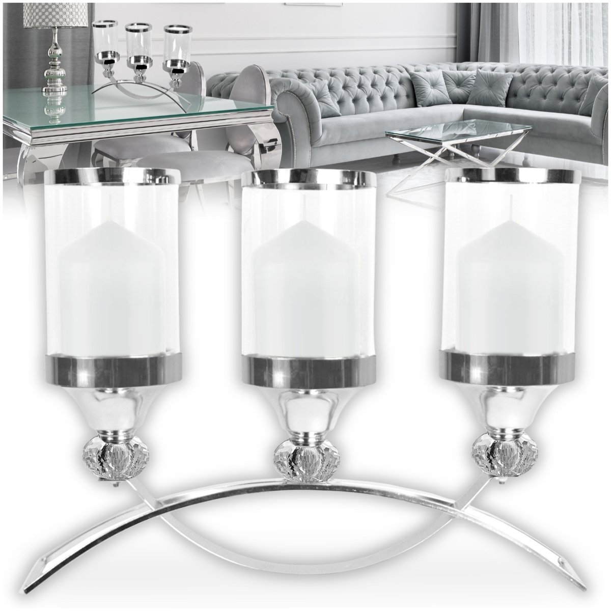 ŚWIECZNIK SREBRNY GLAMOUR DO SALONY NA STÓŁ