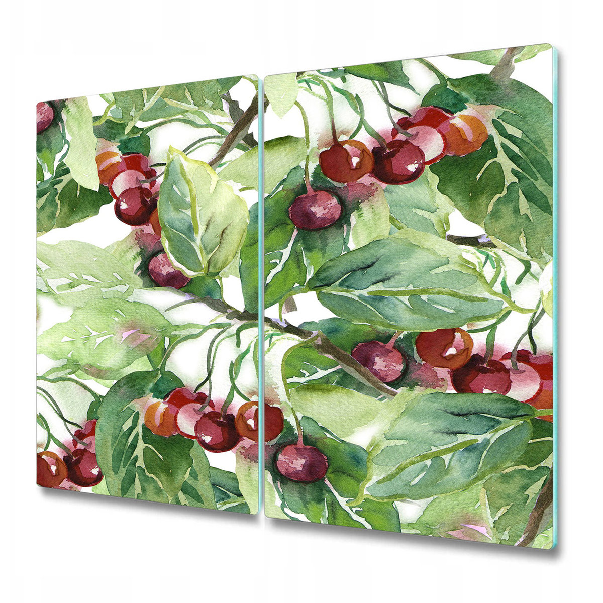 Dekoracyjna Deska Kuchenna ze Szkła - Czereśnie wśród liści - 2 sztuki 30x52 cm