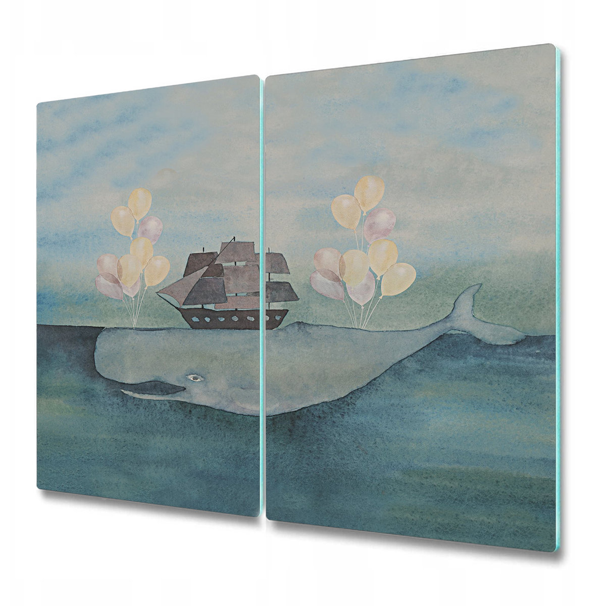 Dekoracyjna Deska Kuchenna ze Szkła - Statek na wielorybie z balonami - 2 sztuki 30x52 cm