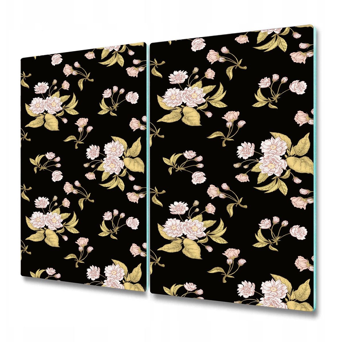 Dwuczęściowa Deska Kuchenna ze Wzorem - Kwiaty na czarnym tle w stylu vintage - 2x30x52 cm