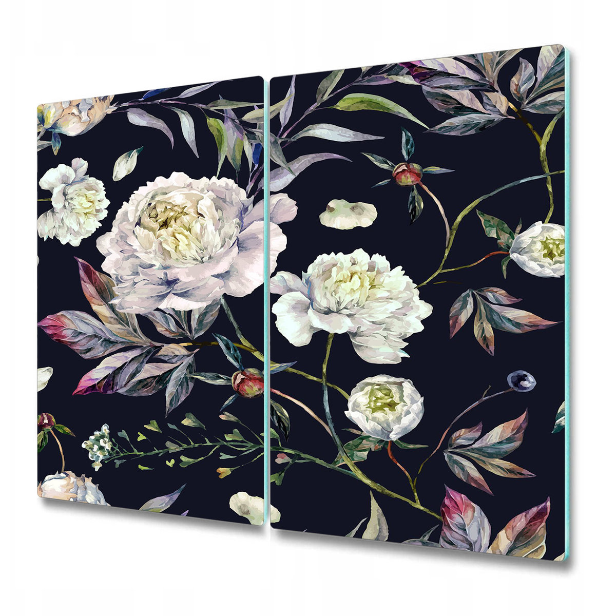 Szklana Osłona na Kuchenkę - Deska Do Krojenia - Akwarela białe piwonie sztuka - 2 sztuki 30x52 cm