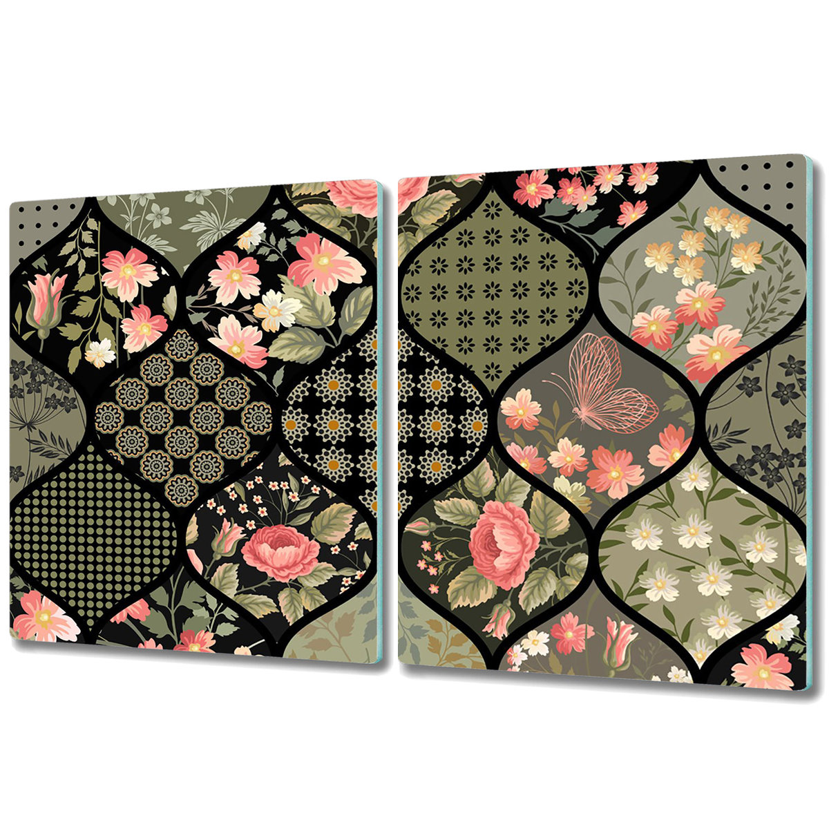 Szklana Osłona na Kuchenkę - Deska Do Krojenia - 2x 40x52 cm - Kwiatowy wzór w stylu patchwork