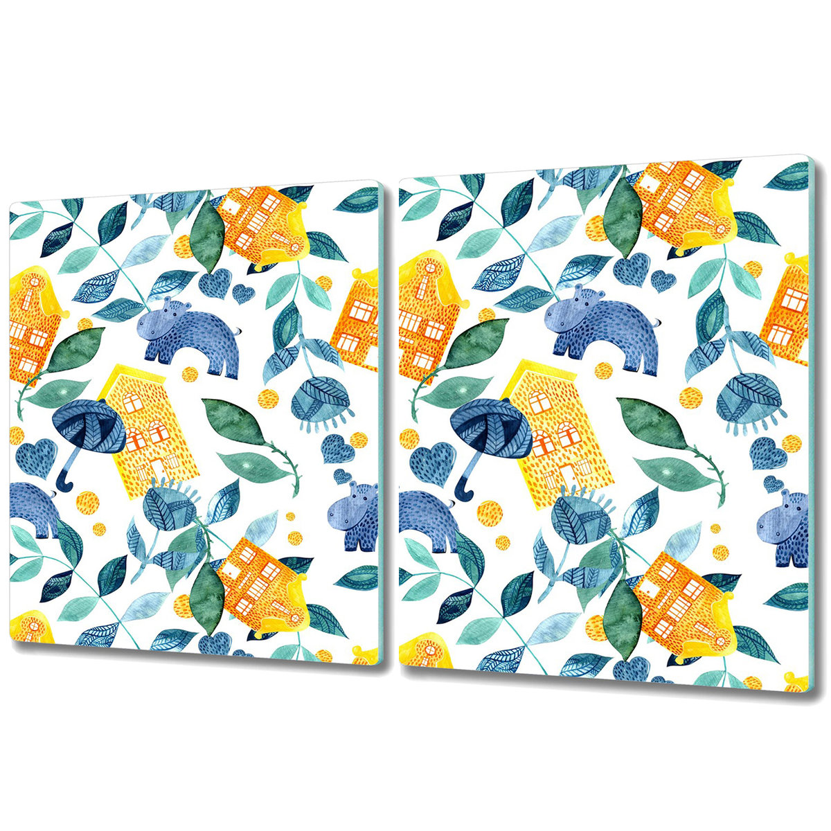 Deski Kuchenne ze Stylowym Ozdobnym nadrukiem - 2x 40x52 cm - Hipopotamy i domy pokój dziecięcy