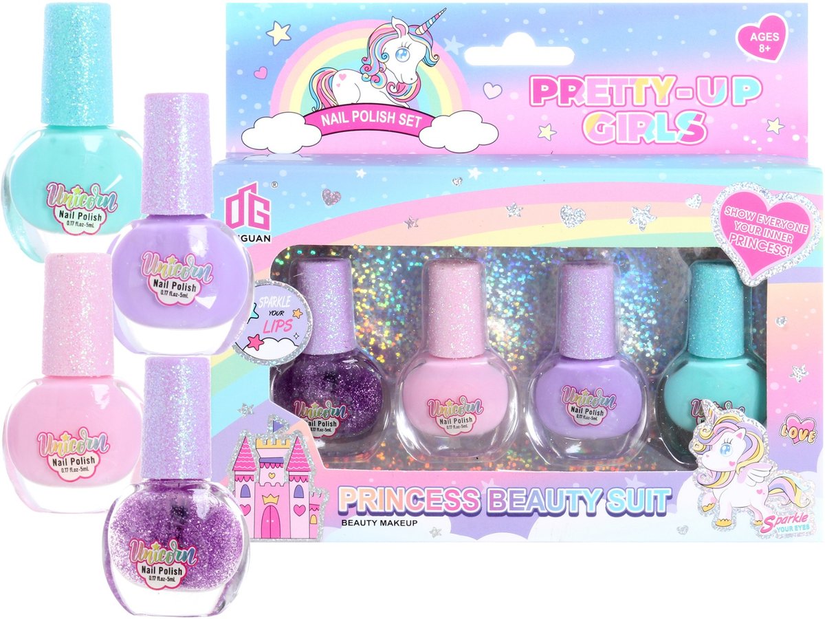 Zmywalny LAKIER DO PAZNOKCI Dla dzieci Brokat 4 KOLORY zestaw lakierów 4szt