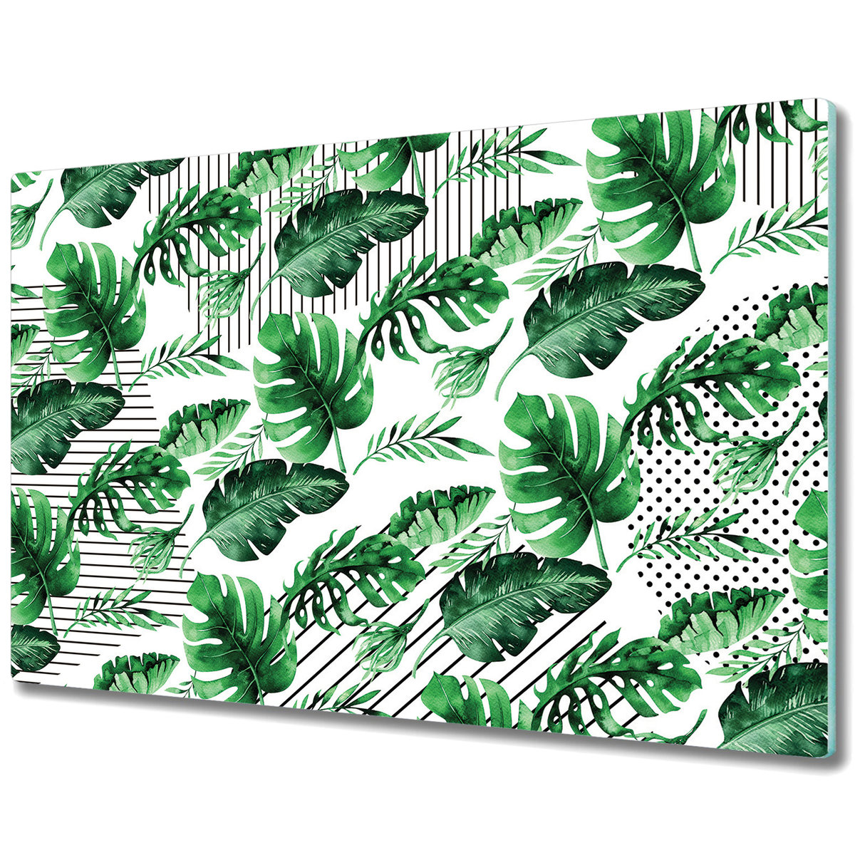 Nowoczesna Deska Kuchenna - Osłonka - Kropki i kreski z tropikalnymi liśćmi - 80x52 cm