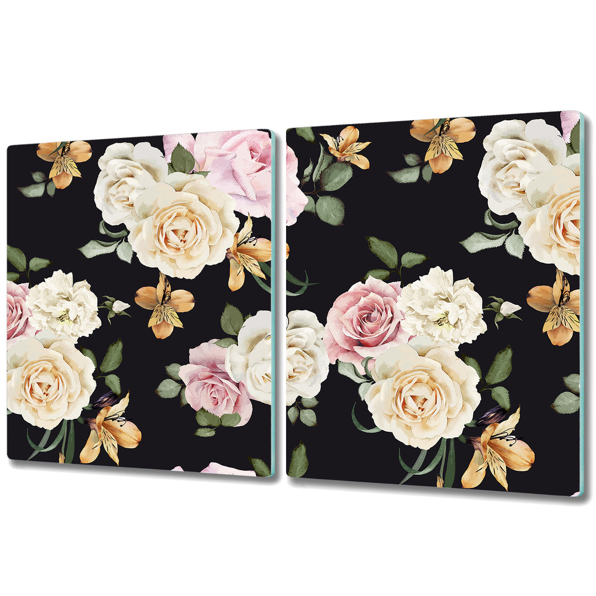 Dwuczęściowa Osłona na Blat Kuchenny - 2x 40x52 cm - Vintage róże na czarnym tle