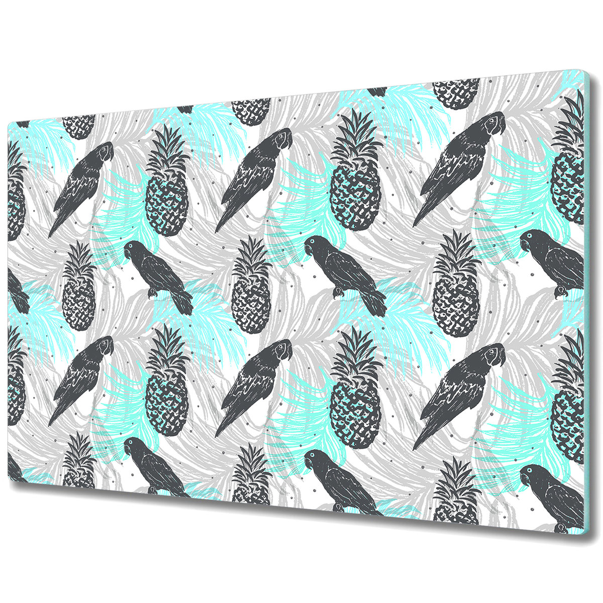 Stylowa Deska Do Krojenia ze Szkła - Obraz ananasy i papugi - 80x52 cm