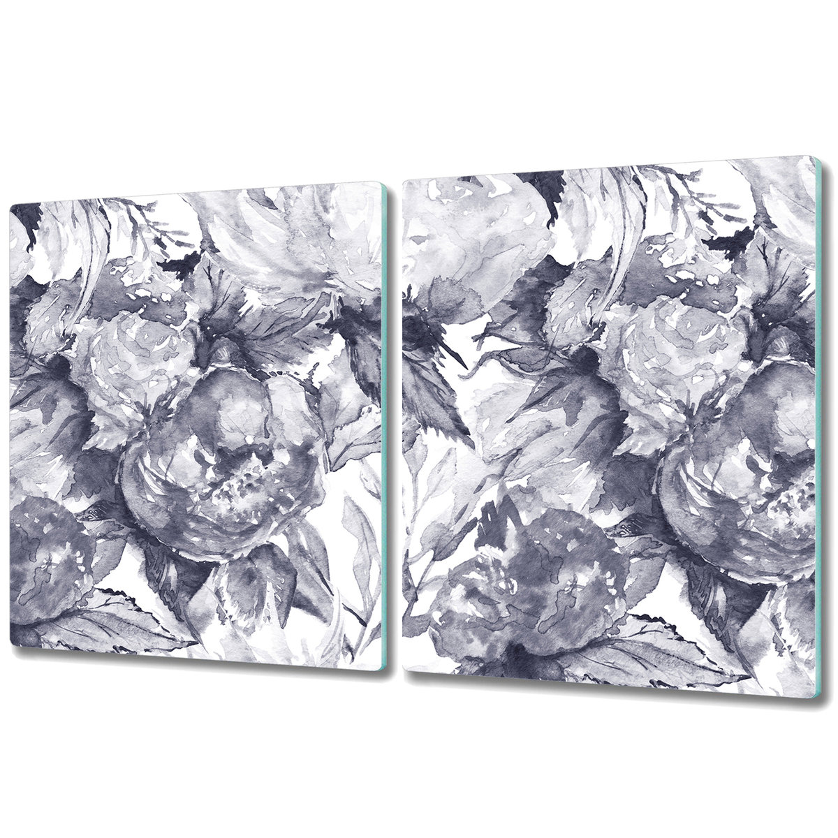 Nowoczesna Deska Kuchenna - Osłonka - 2x 40x52 cm - Szare kwiaty malowane akwarelą