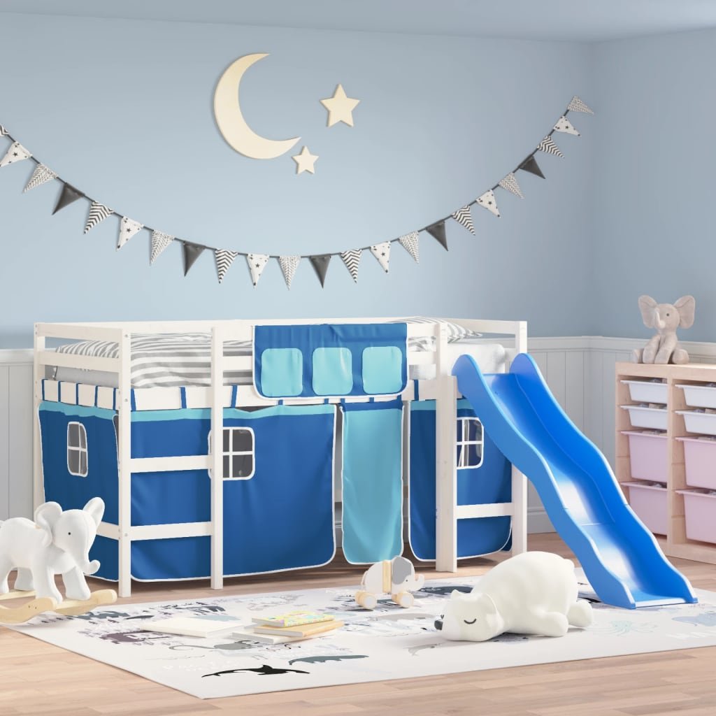 vidaXL Dziecięce łóżko na antresoli, niebieskie zasłonki, 90x200 cm