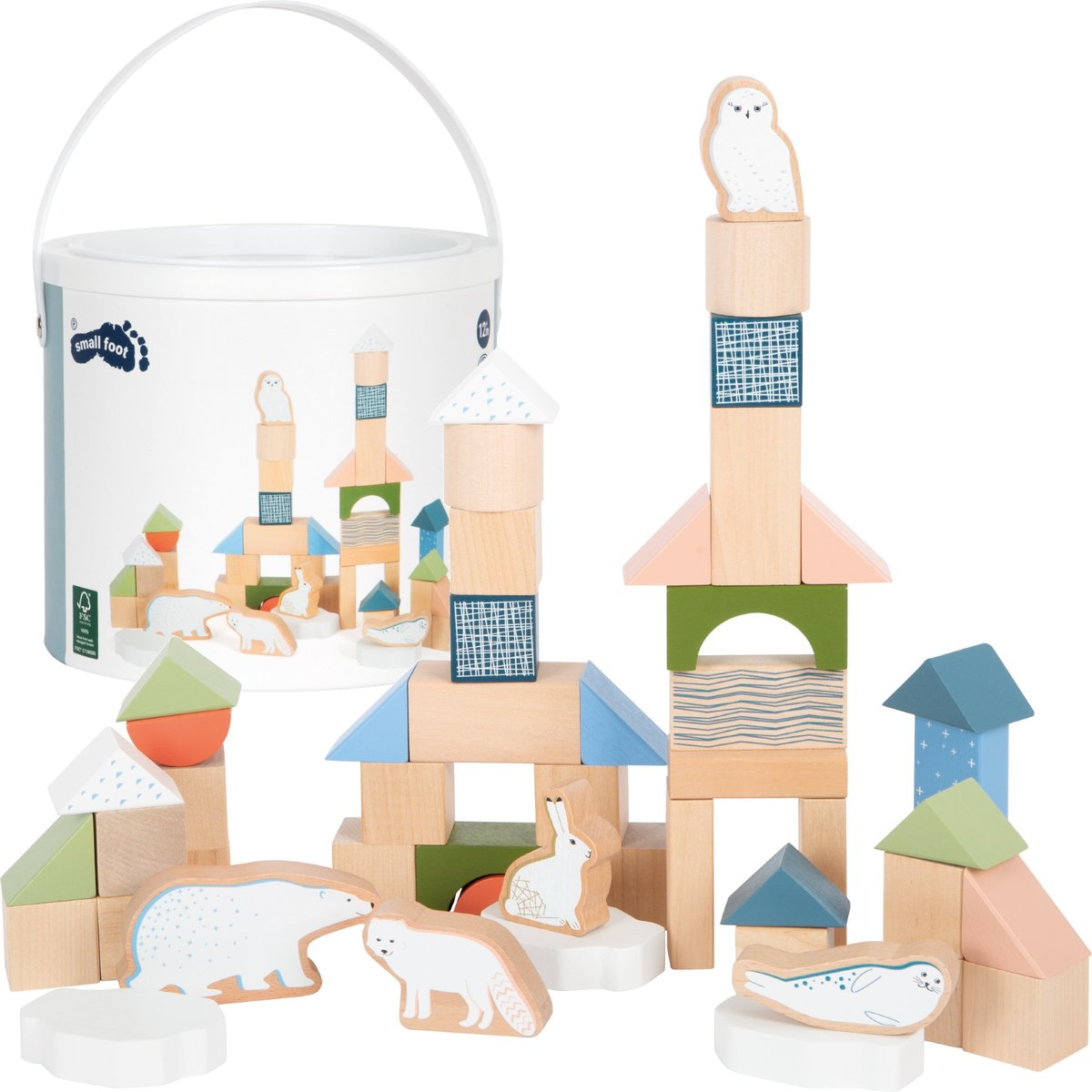 Small Foot Klocki drewniane do budowania w wiaderku pojemniku Zima Arktyka 45 elementów
