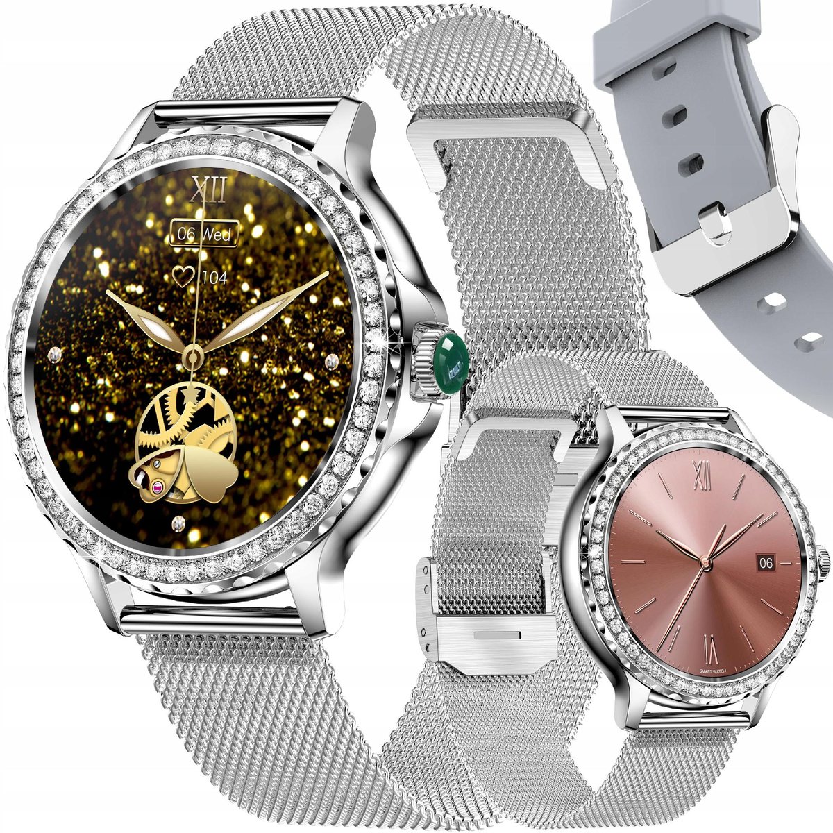SMARTWATCH DAMSKI ZEGAREK ROZMOWY MENU PL PULS CIŚNIENIE DWA PASKI