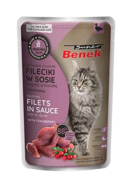 SUPER BENEK Bezzbożowe fileciki gotowane na parze bogate w kaczkę , z żurawiną, w sosie 85g