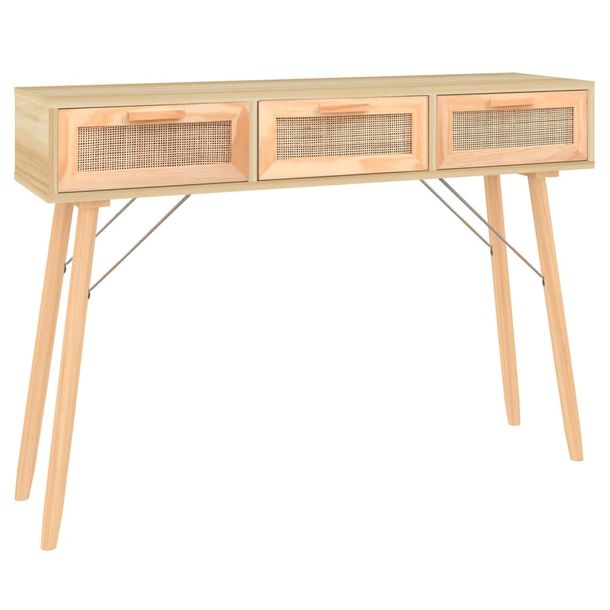 ﻿Stolik konsolowy, brązowy, 105x30x75 cm, lita sosna i rattan