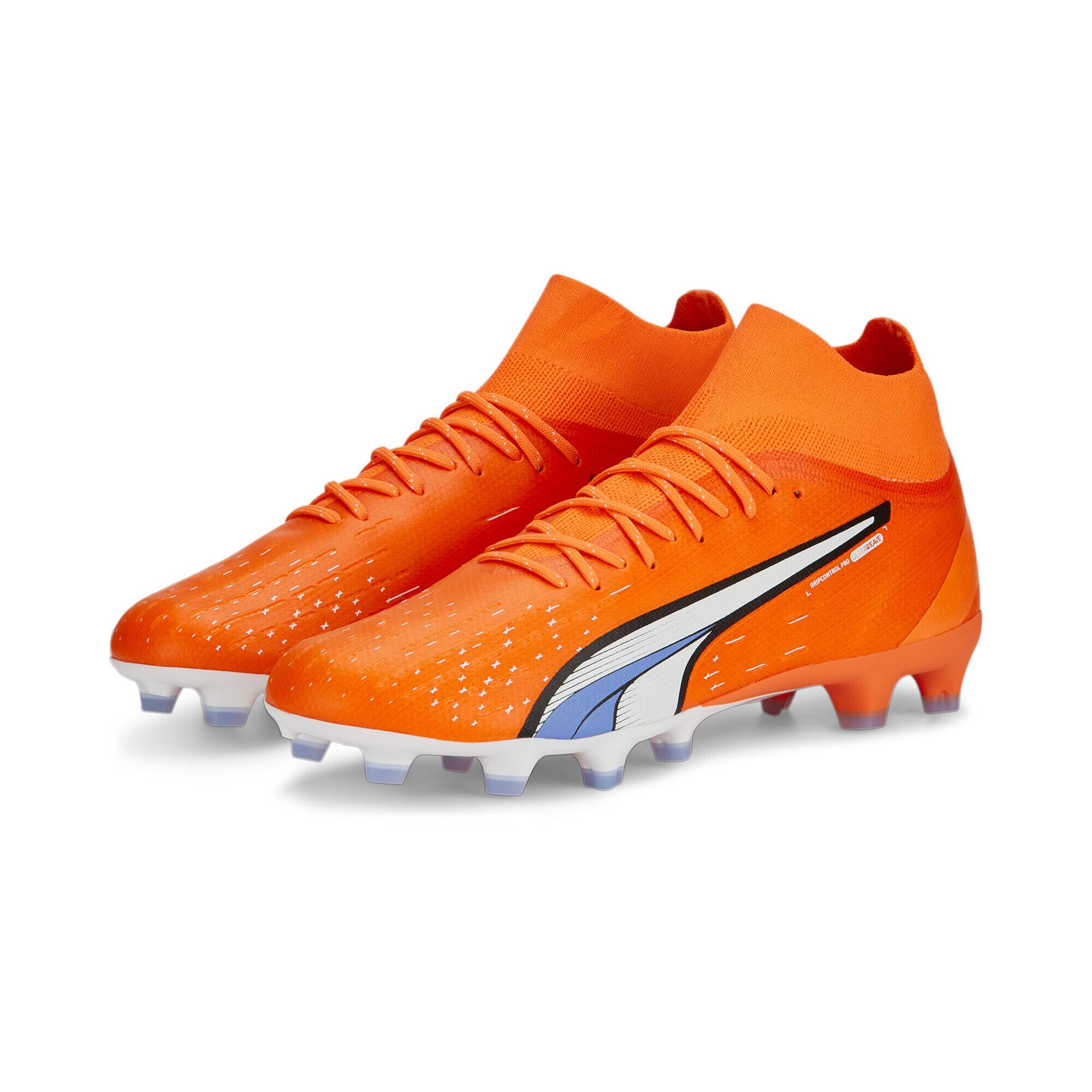 PUMA Męskie buty piłkarskie PRO FG/AG, ultra pomarańczowe, biało-niebieskie błyszczące, rozmiar 8