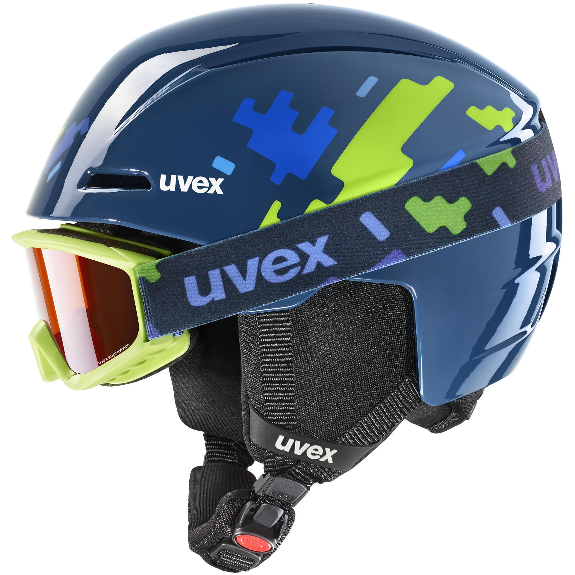Dziecięcy kask narciarski z goglami Uvex Viti Set blue puzzle - 51-55 cm