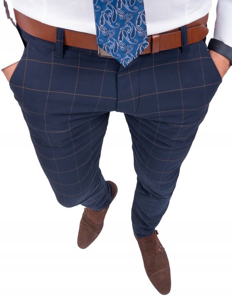 ﻿Spodnie męskie eleganckie granatowe w kratę - 35