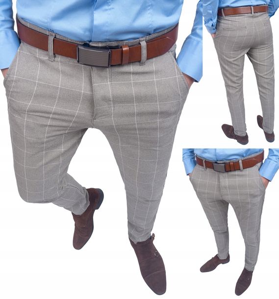﻿Spodnie męskie eleganckie beżowe w kratkę - 33