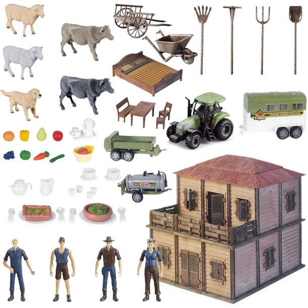 Farma Zestaw Rolników Z Gospodynią Domek Rolnika Zwierzęta Traktor Zagroda