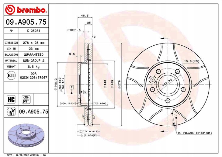 Tarcza hamulcowa BREMBO 09.A905.75  w 24 h. Do 100 dni na zwrot. 100 tys. Klientów.