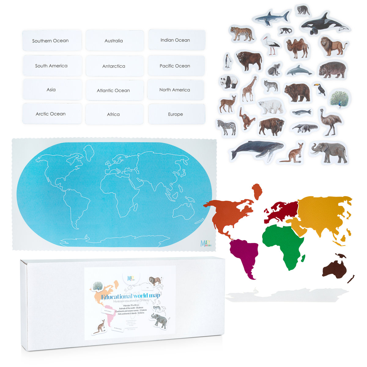 Mata edukacyjna Montessori mapa, kafelki zwierzęta świata, kontynenty z filcu, PL EN / MatyMontessori