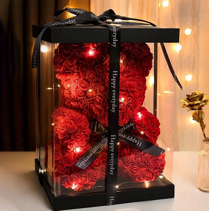 figurki MIŚ Z RÓŻ LED FLOWERBOX GIFTBOX PREZENT DLA NIEJ DZIEWCZYNY MAMY ŚWIĘTA 25CM mis z roz